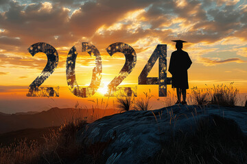 2024 New Year Graduation Student Celebration on Mountain Sunset, Achievement in Education and Future Success