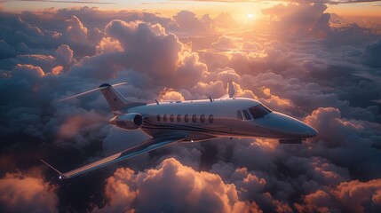 Wall Mural - private jet flying through sunset clouds