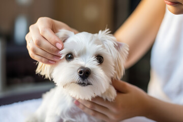 Poster - Generative AI image photo of a funny cute dog grooming procedure salon for pets