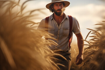 Canvas Print - Generated with AI picture of man in a field growing wheat and corns plants