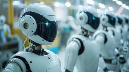 Poster - A close-up shot of humanoid robots standing in a row, possibly in a factory setting. The robots are white with black accents and have a futuristic design.
