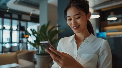Poster - A woman in a white shirt smiles as she uses her smartphone in a modern office setting. The background features a bookshelf, a plant, and a blurred view of a window.