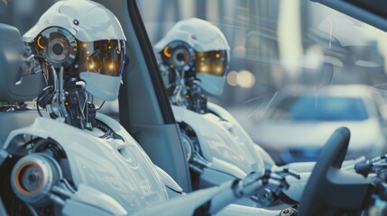 Poster - Two robots wearing white helmets with glowing eyes are driving cars in a city. The robots appear to be human-shaped, and the car in the foreground is also white.