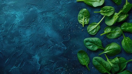 Wall Mural - Fresh spinach leaves spread on dark blue textured background