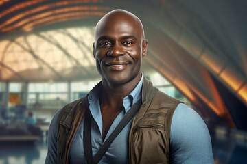 Poster - Portrait of a blissful afro-american man in his 40s dressed in a breathable mesh vest isolated in bustling airport terminal background