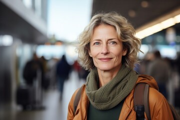 Portrait of a satisfied woman in her 50s dressed in a comfy fleece pullover on bustling airport terminal background