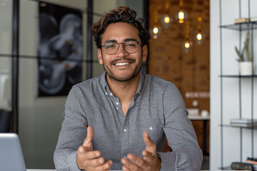 Wall Mural - Happy Latin man wearing glasses talking to camera in modern office, sitting at desk, smiling confidently, conducting remote training