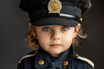 Canvas Print - AI generated photo of small cute adorable pretty child work as policeman