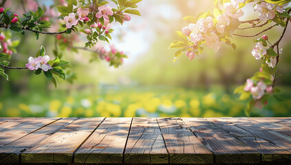 Wall Mural - Spring nature background with lush green foliage blooming apple tree and empty wooden table for product display outdoors in sunlight garden