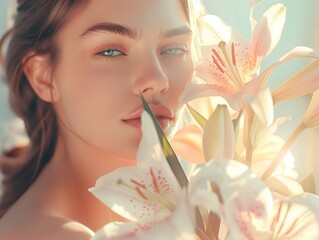 Woman holding beautiful white lilies, closeup. Beautiful woman with lily flower bouquet, gentle sunlight