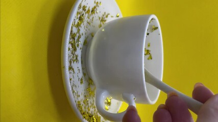 Wall Mural - A cup with gold glitter on a saucer is stirred with a spoon	