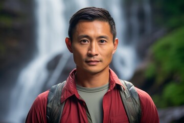 Wall Mural - Portrait of a tender asian man in his 30s sporting a breathable hiking shirt over backdrop of a spectacular waterfall