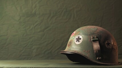 Rusted military helmet with red cross on olive-green background