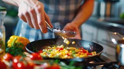 Wall Mural - Person cooking vegetable stir-fry in kitchen