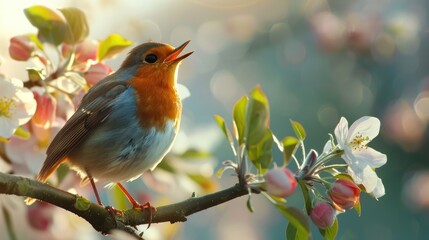 a bright robin bird sits on a flowering branch of an apple tree in a spring garden and sings