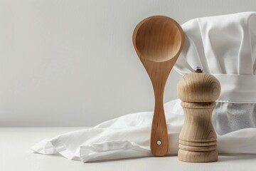 A close-up shot of a chef's essential cooking utensils, including a chef hat, arranged neatly on a clear white background. The image showcases the tools of the trade in a clean and minimalist setting.