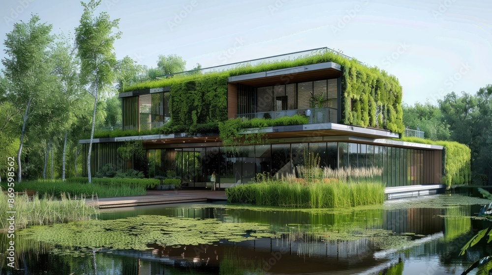Modern eco friendly house with lush greenery and a pond surrounded by a natural landscape, showcasing sustainable architectural design.