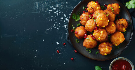 Wall Mural - Fried vegetable fritters with corn, pomegranate arils, and green onions, served dipping sauce