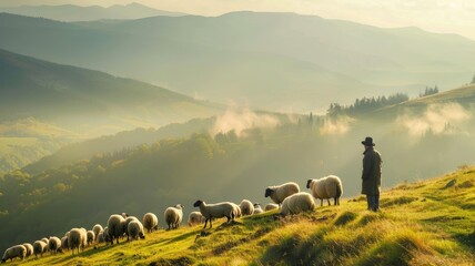Wall Mural - Shepherd with sheep in lush green mountains at sunrise