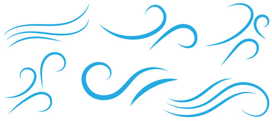 Big set of line winds. Air, wind, swirl in doodle illustration style. Vector illustration on white background