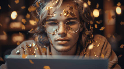 Wall Mural - Handsome young man with glasses working on laptop in coffee shop photo realistic image