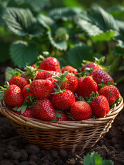 Wall Mural - A basket of fresh strawberries in a garden setting.