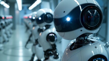Poster - A close-up shot of a line of robots in a factory setting. The robots are all white and have large, round heads with blue eyes. The robots are standing in a line, facing the camera.