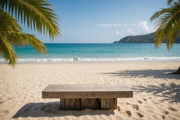 Wooden pedestal with free space for your decoration on tropical summer sand beach