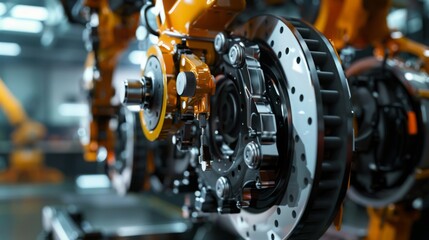 Leinwandbilder - A close-up of an industrial robot arm in an assembly line, showing the intricate mechanical details of the arm and the precision with which it operates.