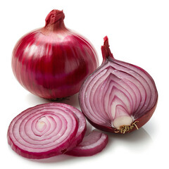 Whole and sliced red onions, isolated on a white background