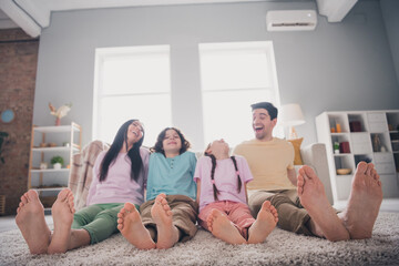 Poster - Photo of pretty cheerful boyfriend girlfriend kids wear casual looks sitting floor indoors room home house