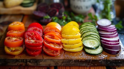 Wall Mural - Colorful Sliced Vegetables on Wooden Plank. A vibrant assortment of sliced tomatoes, cucumbers, and onions, arranged neatly on a wooden plank for a healthy dish.