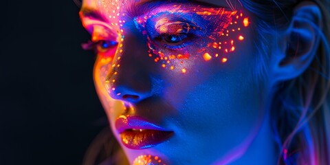 Sticker - A woman with neon colored face paint. The colors are orange, blue, and purple. The woman's face is glowing in the dark background