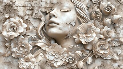 Wall Mural - Beautiful Stone color 3D relief floral wallpaper with a female face. Mural wallpaper. Wall art. AI generated illustration.