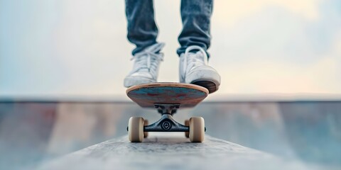 Skateboarder performing a stylish kickflip on an outdoor skate park ramp. Concept Skateboarding, Kickflip Trick, Outdoor Skate Park, Stylish Moves, Action Shot