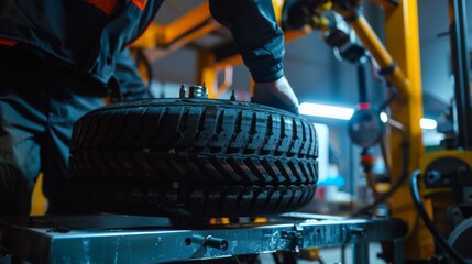 Poster - A mechanic is holding a tire in a factory setting, likely preparing it for installation or repair.