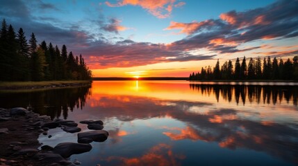 Wall Mural - Sunset reflections over calm lake waters.