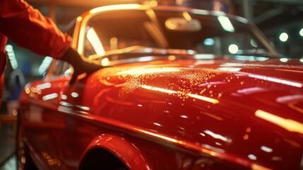 Aufkleber - A close-up shot of a red car being detailed in a factory setting. The cars shiny paint reflects the bright lights overhead, and a workers arm is visible in the foreground.