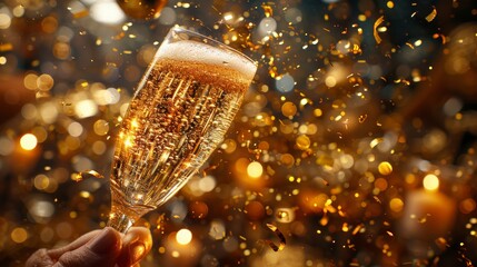 Hand holding champagne flute with gold confetti falling around. Background is bokeh of festive lights. Symbolizes celebration, success, luxury. Focus on champagne bubbles vibrant atmosphere.