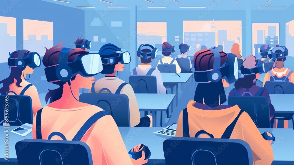 A group of people wear VR headsets and play video games in a classroom ...