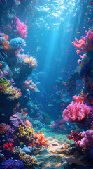 Wall Mural - Sunlight penetrates the water, illuminating a coral reef in the ocean
