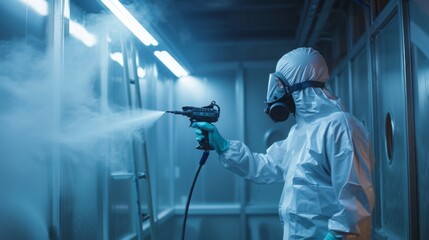 Aufkleber - A worker wearing protective gear sprays paint onto a surface in an industrial setting.