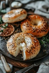 Wall Mural - Classic Cream Cheese Bagel : A perfectly toasted bagel sliced in half, generously spread with smooth cream cheese, served on a dark plate.