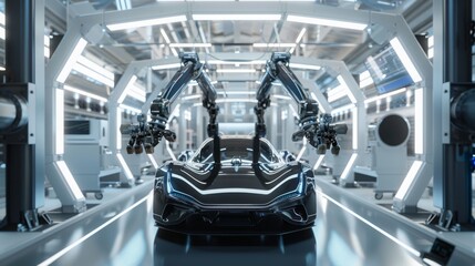 Poster - A black sports car is being assembled on a modern factory production line. Two robotic arms are manipulating the car from above.