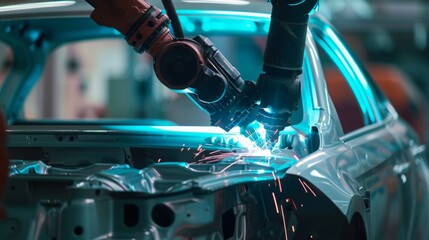 Leinwandbilder - Two robotic arms are welding together the body of a car in a factory. Sparks fly from the welding process, illuminating the metal.
