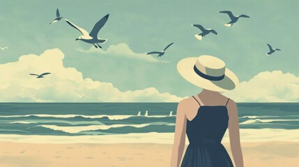 Wall Mural - Woman in a hat and dress admiring seagulls on the beach during a relaxing vacation trip