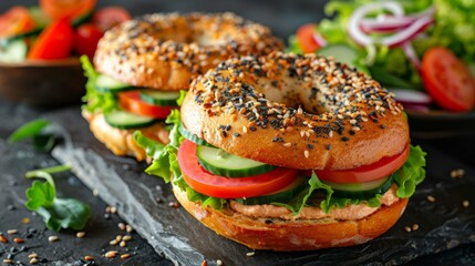 Wall Mural - Healthy Veggie Bagel: A bagel layered with hummus, cucumber slices, tomato, and leafy greens, served on a dark plate with a side of mixed salad. 
