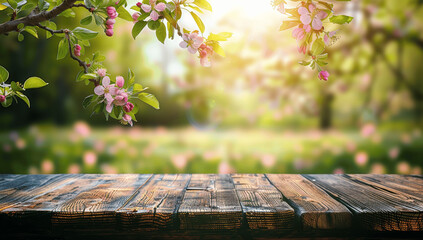 Wall Mural - Spring background with wooden table and blurred green landscape featuring blossoming apple tree for product display