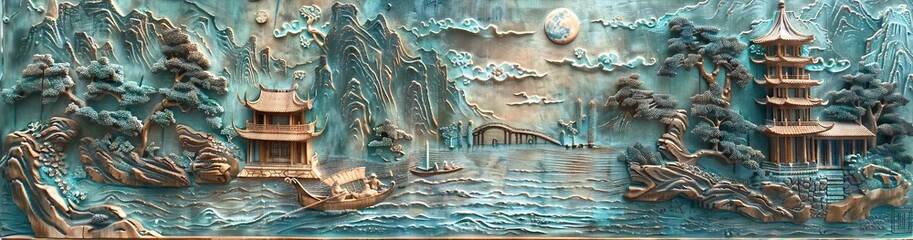 Beautiful Chinese landscapes 3d relief wallpaper. Mural wallpaper. Wall art. AI generated illustration.