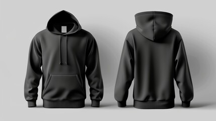 Wall Mural - Set of Black front and back view tee hoodie hoody sweatshirt on white background cutout. Mockup template for artwork graphic design